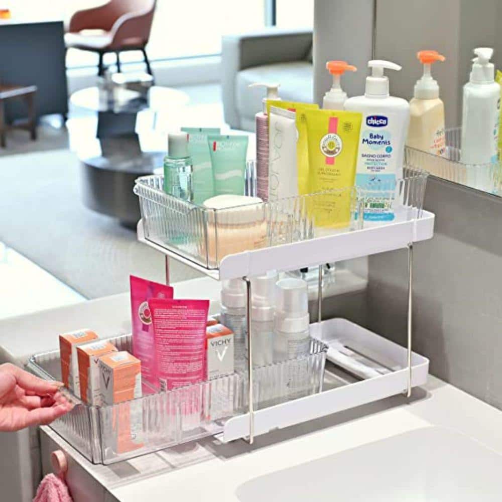 2 Tier Under the Sink Organizer Baskets with Sliding Drawers -Ideal for Cabinet, Countertop, Pantry, and Desktop