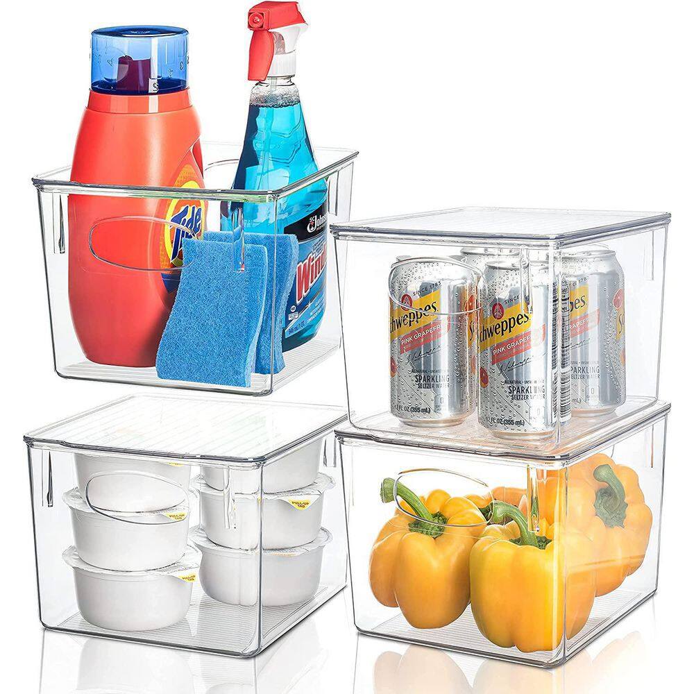 4-Pack Clear Plastic Stackable Pantry Organizer Set Storage Bins with Lid for Fridge