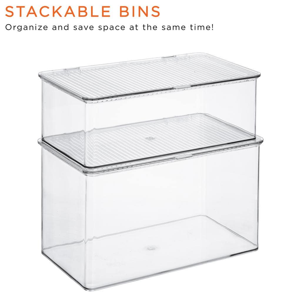 2 Pack Clear Plastic Storage Bins with deviders and Lids for fridge and Pantry Stackable organizer set