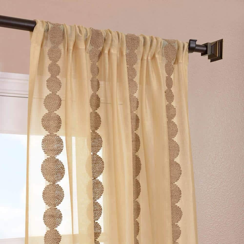 Cleopatra Gold Striped Embroidered 50 in. W x 120 in. L Rod Pocket Sheer Curtain (Panel 1)