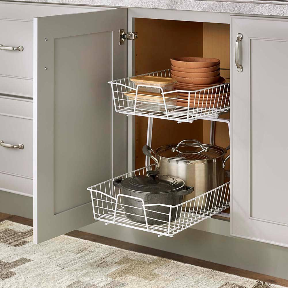 14 in. W 2-Tier Ventilated Wire Sliding Cabinet Organizer in White