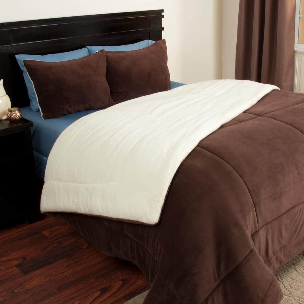 3-Piece Chocolate King Size Sherpa Fleece Comforter Set