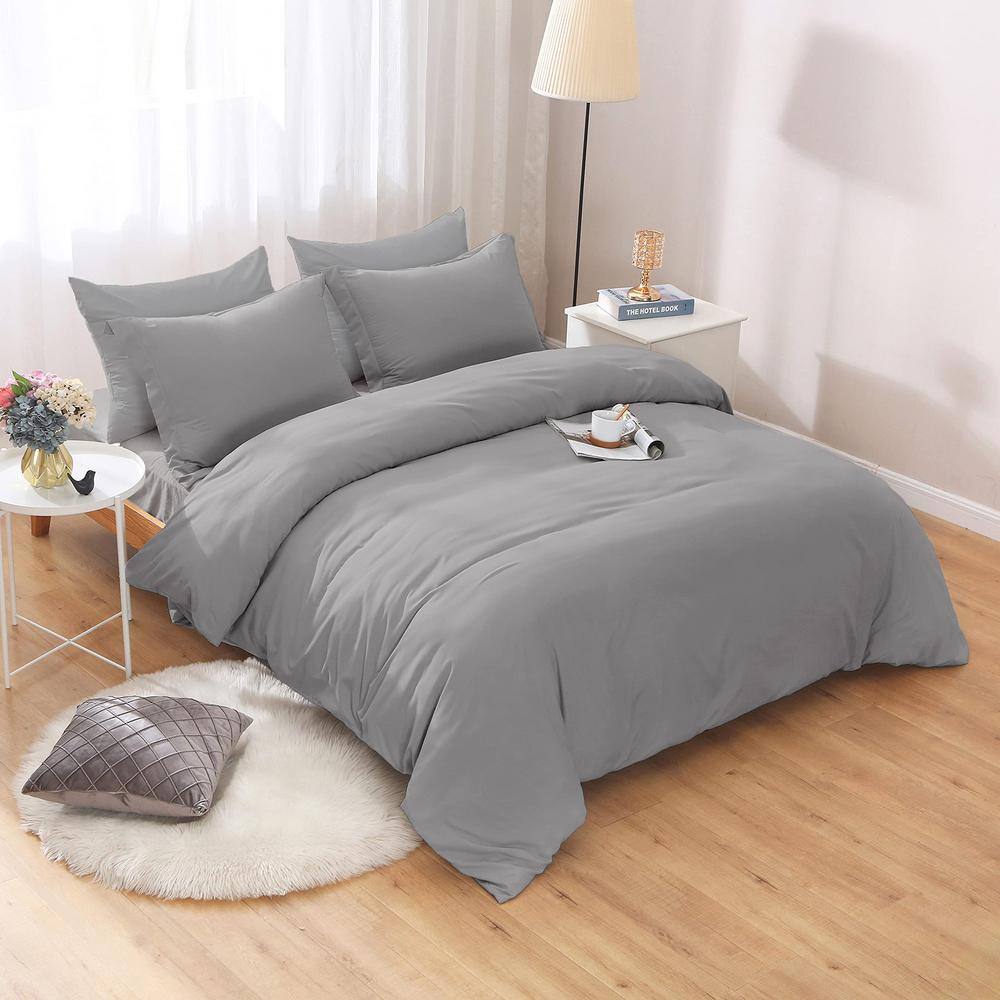 Dark Grey Solid Color King Size Microfiber Comforter Only with Zipper Closure Duvet Cover and 2-Pillow Shams