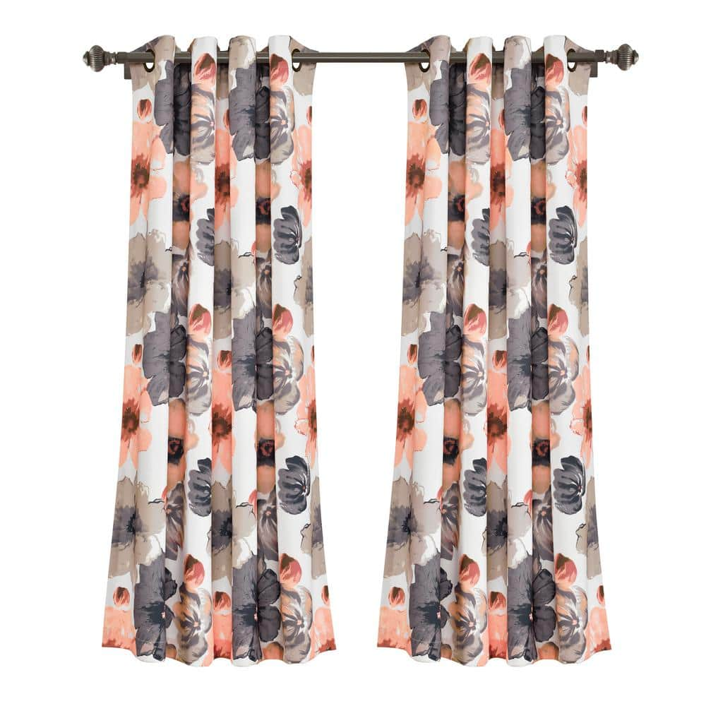 Coral/Gray Floral Grommet Room Darkening Curtain – 52 in. W x 63 in. L (Set of 2)