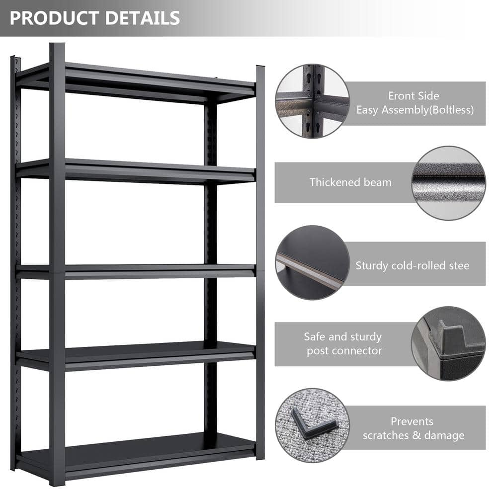 Open Design 47 in.W x 24 in.D x 72 in.H 5-Shelf Black Metal Pantry Organizer