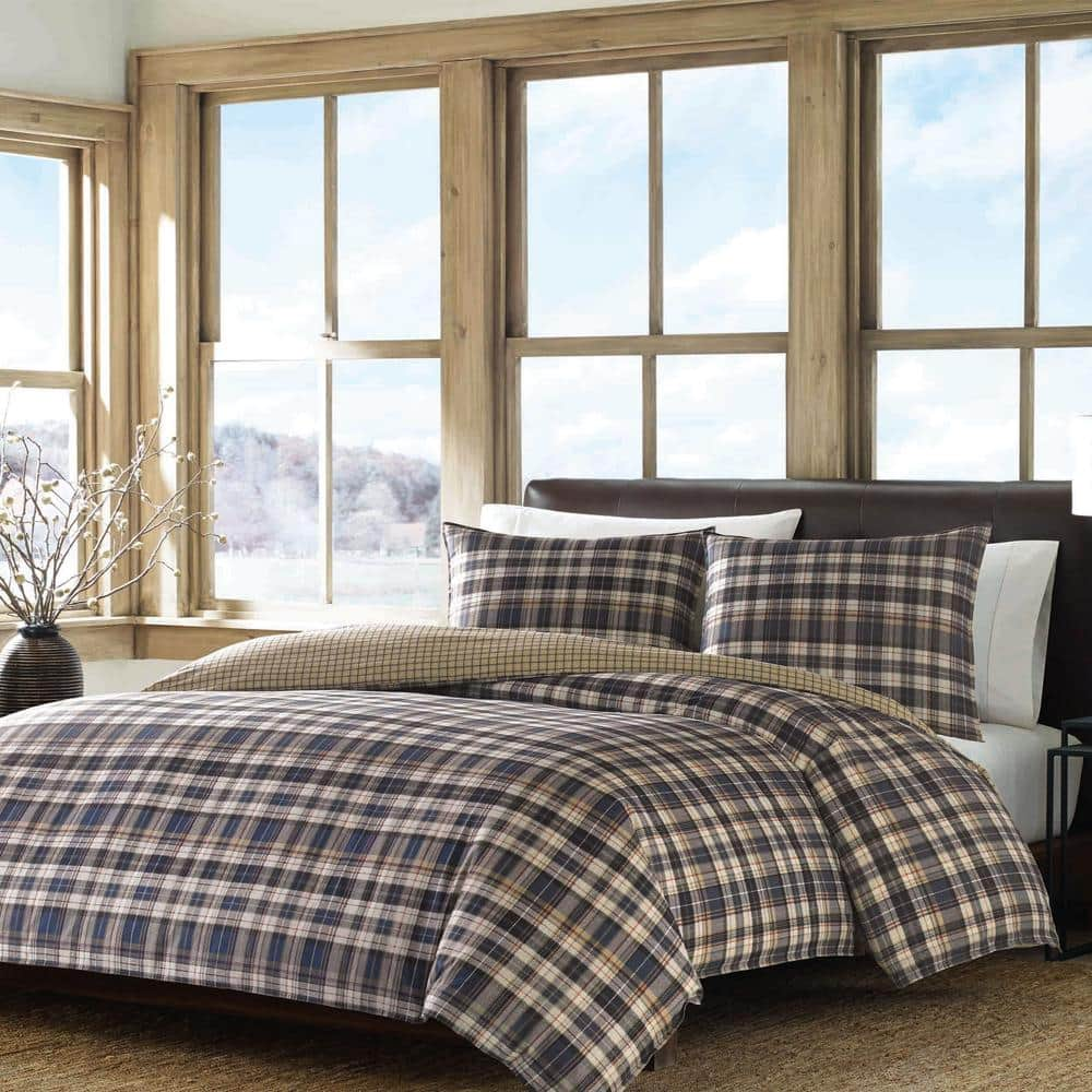 Port Gamble 3-Piece Dusted Indigo Blue Plaid Reversible Cotton Full/Queen Comforter Set