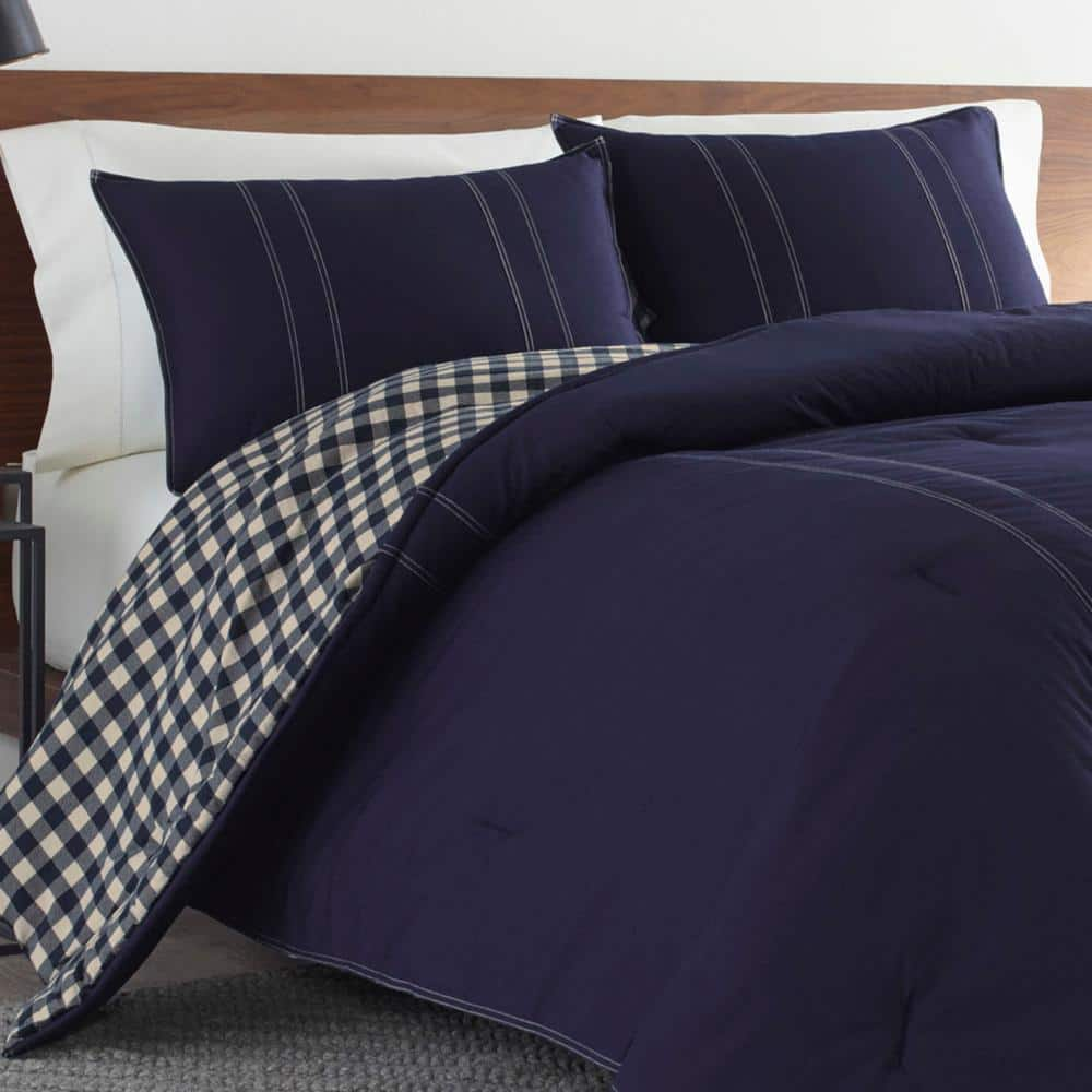 Kingston 3-Piece Navy Blue Plaid Reversible Solid Cotton Full/Queen Comforter Set