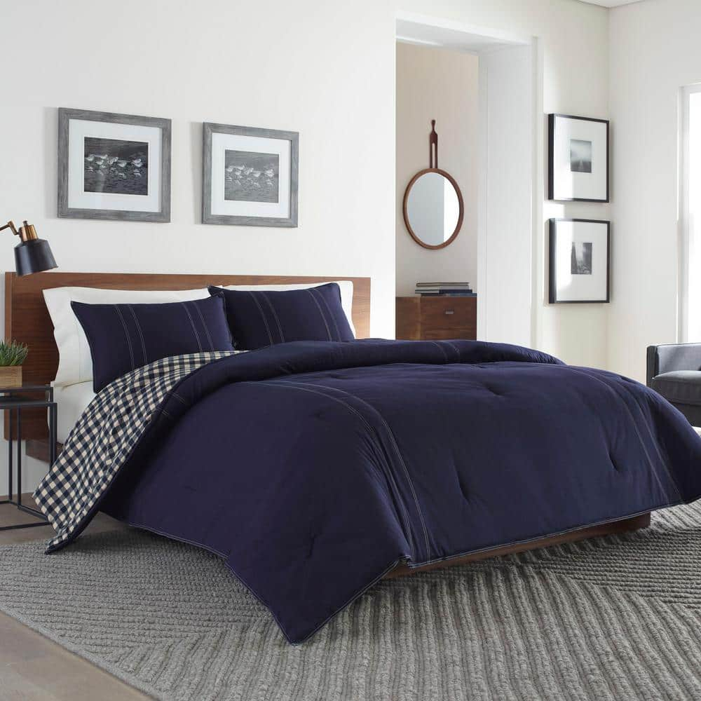 Kingston 3-Piece Navy Blue Plaid Reversible Solid Cotton Full/Queen Comforter Set