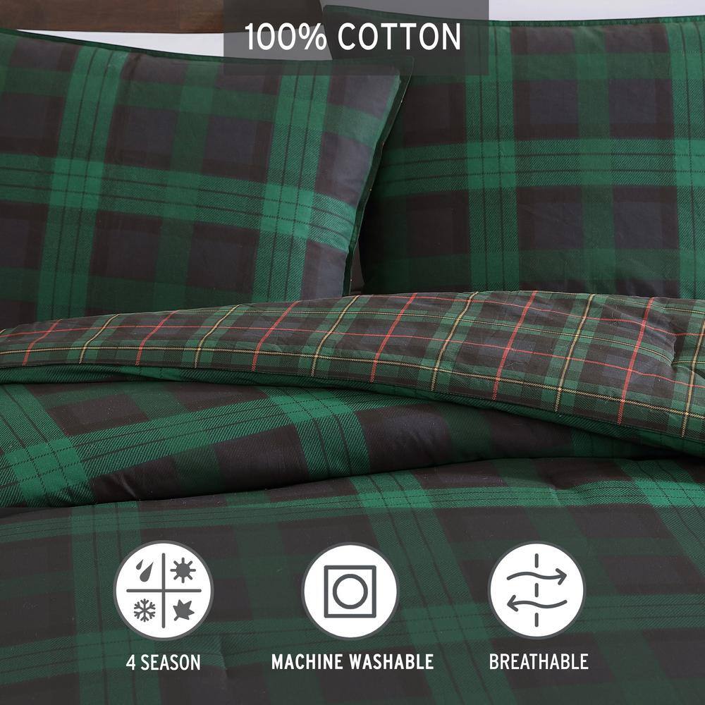 Woodland Tartan 3-Piece Green Plaid Cotton Full/Queen Comforter Set