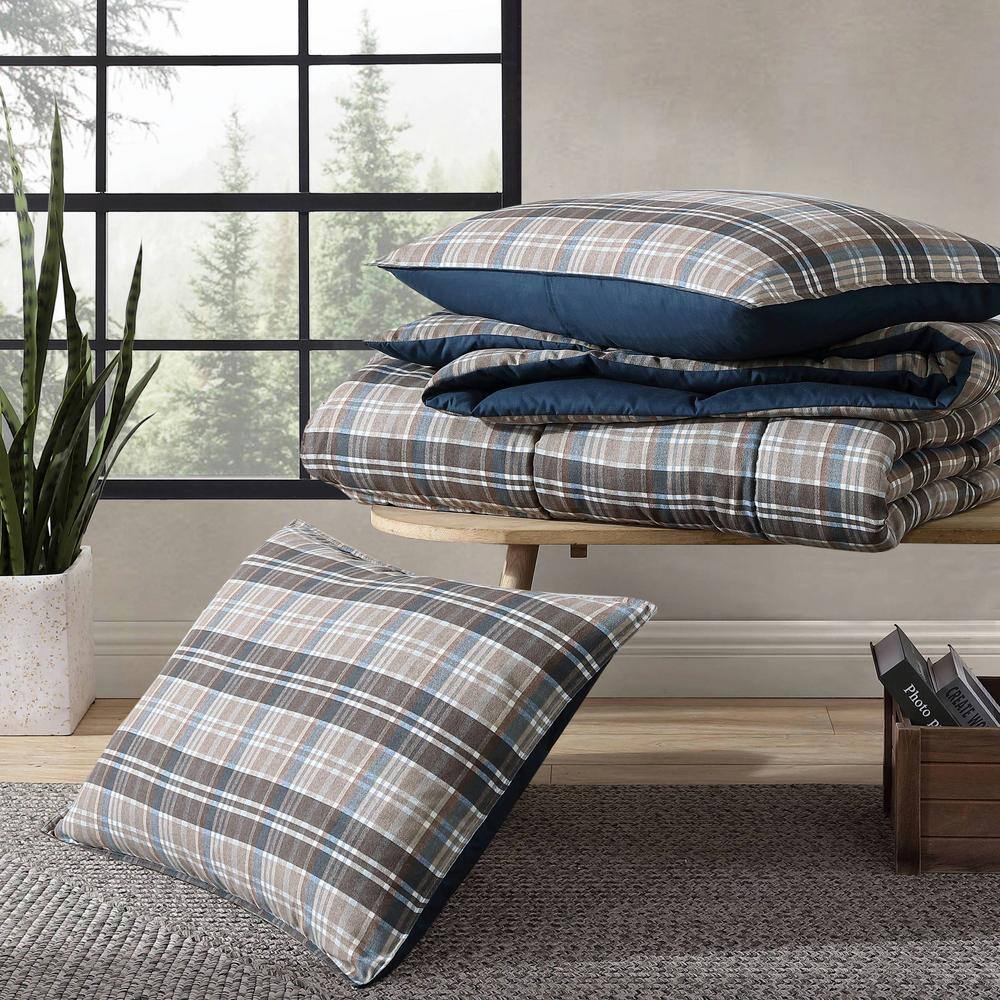 Rugged Plaid 3-Piece Beige Microsuede Full/Queen Comforter-Sham Set