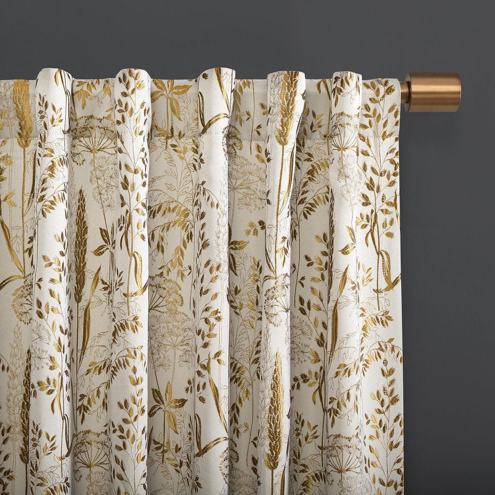 Aubry Shimmering Floral 100% Gold 96 in. L x 52 in. W Blackout Back Tab Curtain Panel