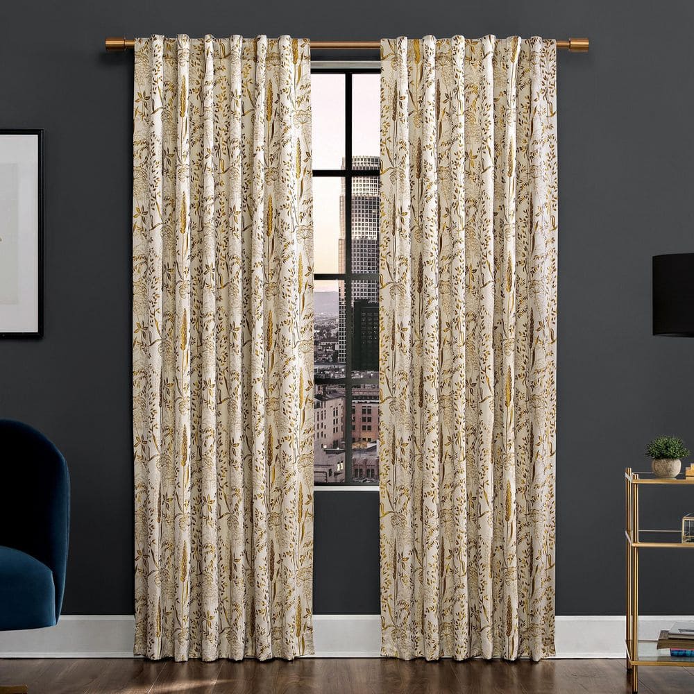 Aubry Shimmering Floral 100% Gold 96 in. L x 52 in. W Blackout Back Tab Curtain Panel