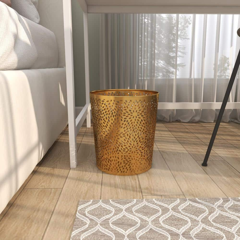 Gold Stackable Small Waste Bin with Laser Carved Floral Design