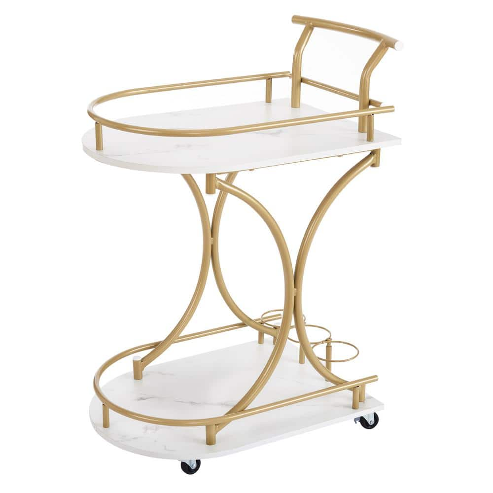 2-Tier Bar Cart, Mobile Bar Serving Cart, Wine Cart for Kitchen, Beverage Cart with Wine Rack and Glass Holder in Gold