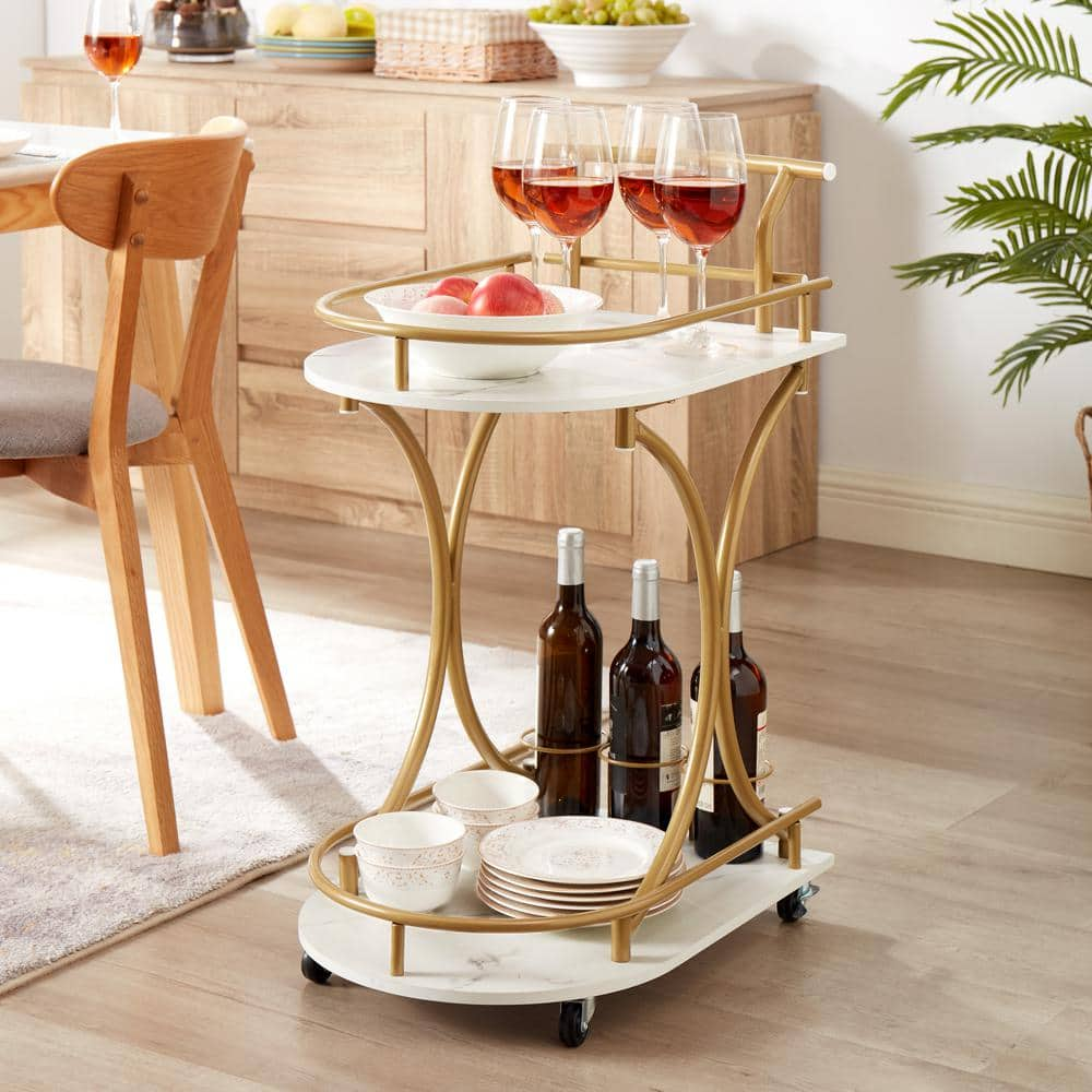 2-Tier Bar Cart, Mobile Bar Serving Cart, Industrial Style Wine Cart and Glass Holder for Kitchen in Golden