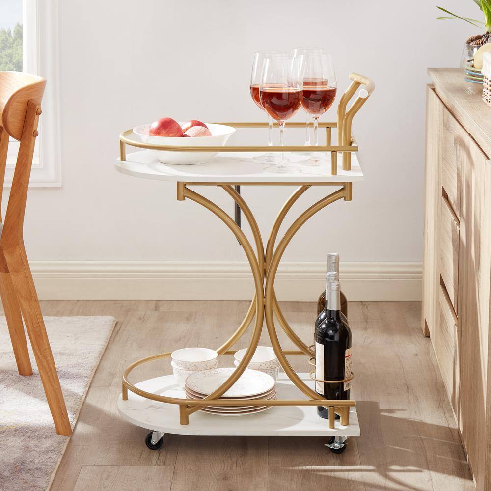 2-Tier Bar Cart, Mobile Bar Serving Cart, Industrial Style Wine Cart and Glass Holder for Kitchen in Golden