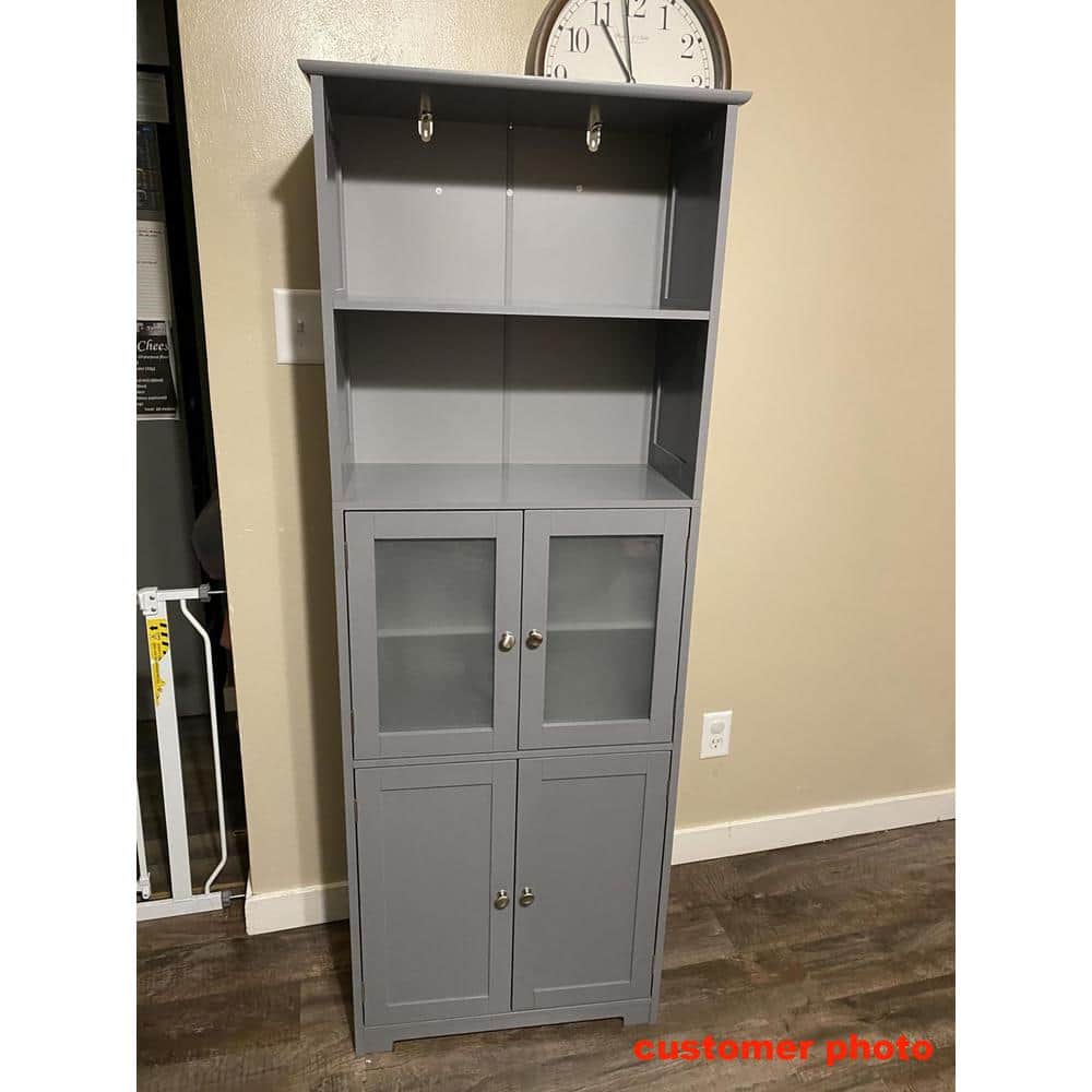 64 1/2 in. H Gray Freestanding Kitchen Hutch Pantry Organizer Storage Cabinet Cupboard with Microwave Oven Countertop