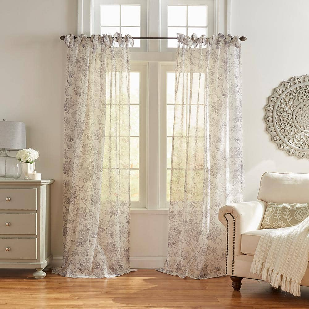 Westport Gray Floral Poly-Linen 52(in)X84(in) Tie Top Sheer Curtain Panel