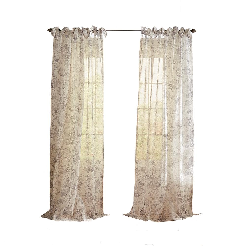 Westport Gray Floral Poly-Linen 52(in)X84(in) Tie Top Sheer Curtain Panel