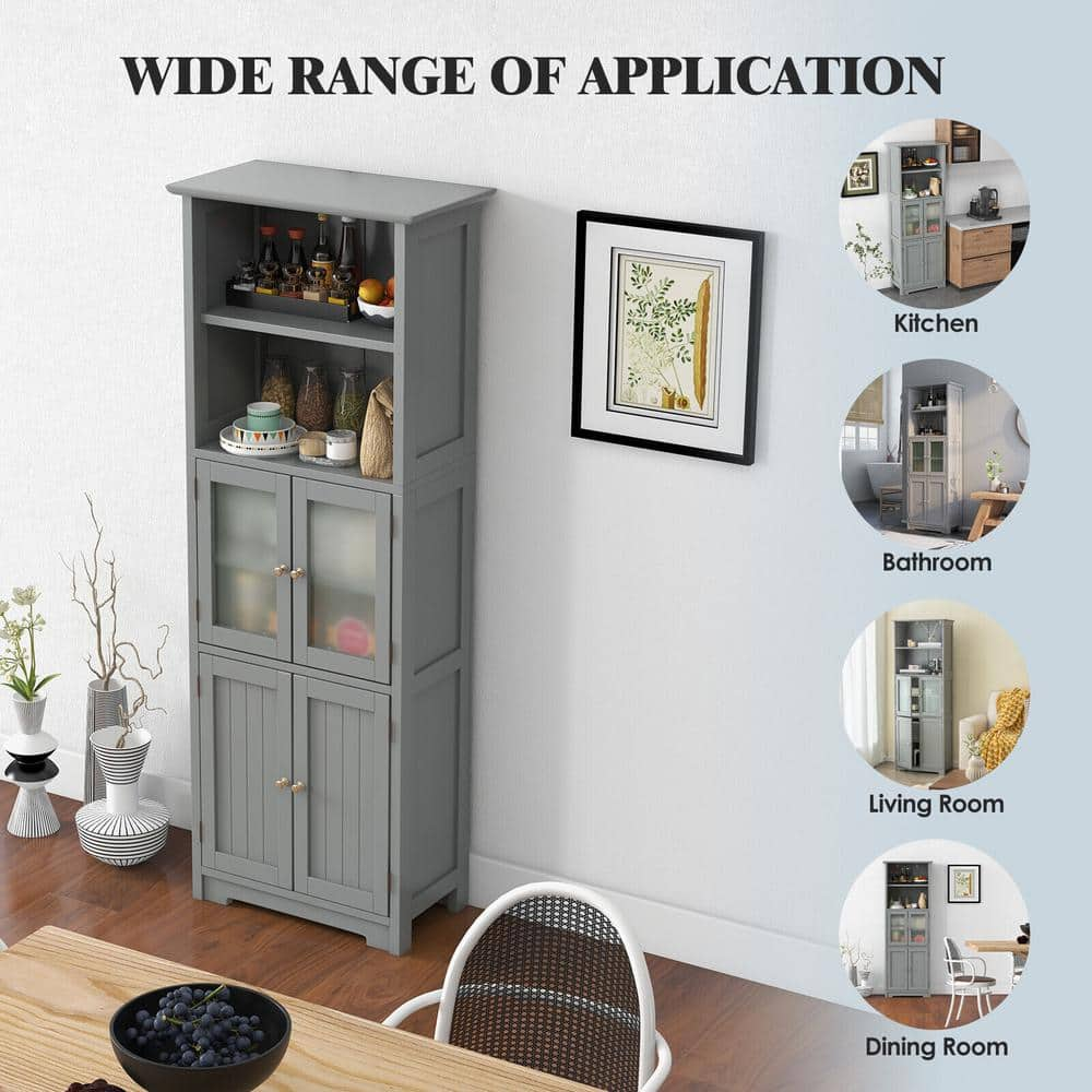 64 in. H Gray 6-Tier Freestanding Kitchen Hutch Pantry Organizer Storage Cabinet Cupboard With Adjustable Shelves