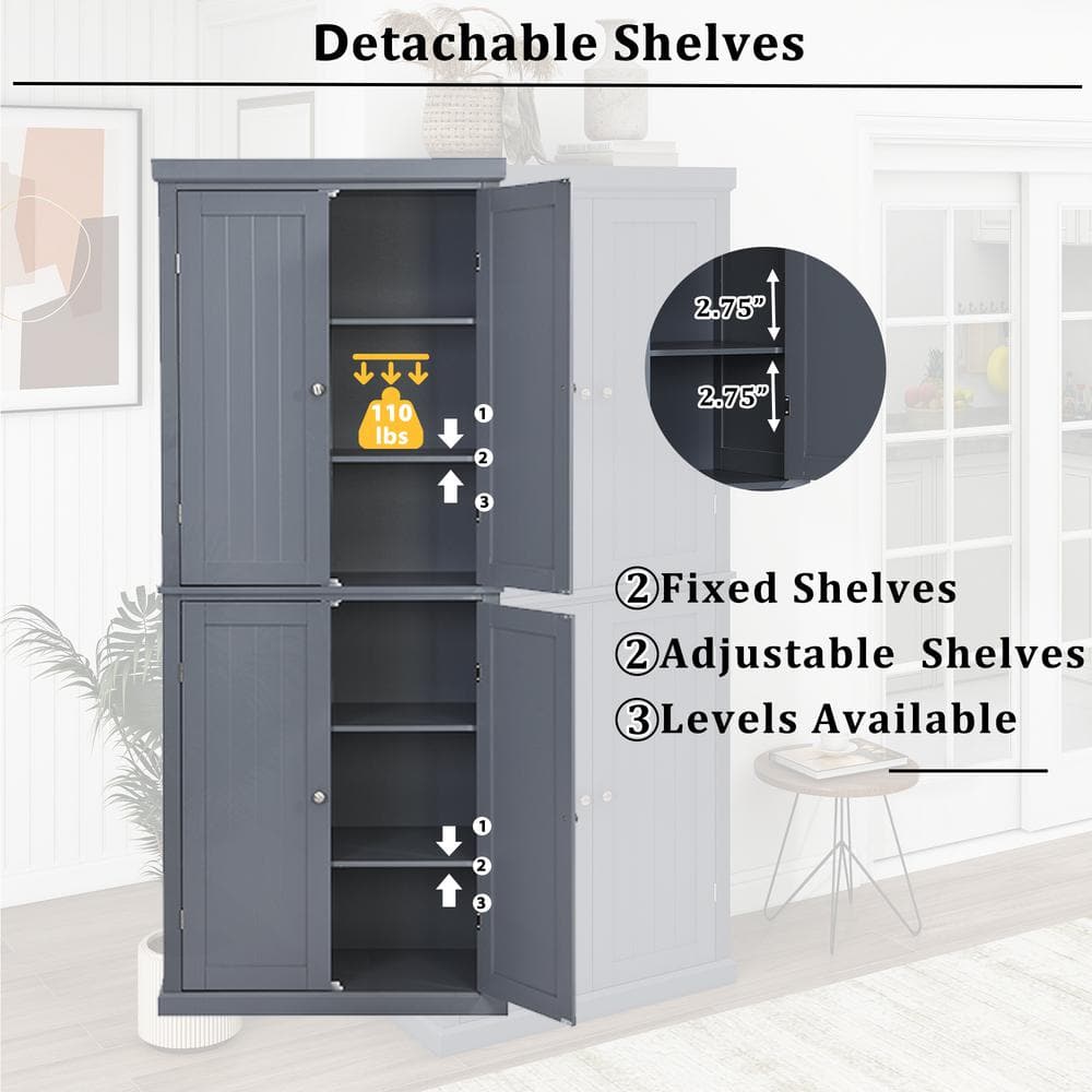 Gray Freestanding Tall Kitchen Pantry, 72.4 in. H Kitchen Storage Cabinet Organizer with 4-Doors and Adjustable Shelves