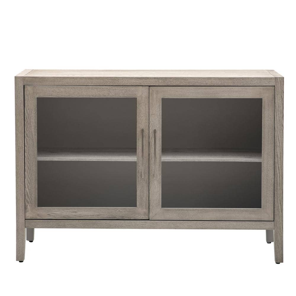 Gray Wood Pantry Organizer Kitchen Cabinet with Two Tempered Glass Doors