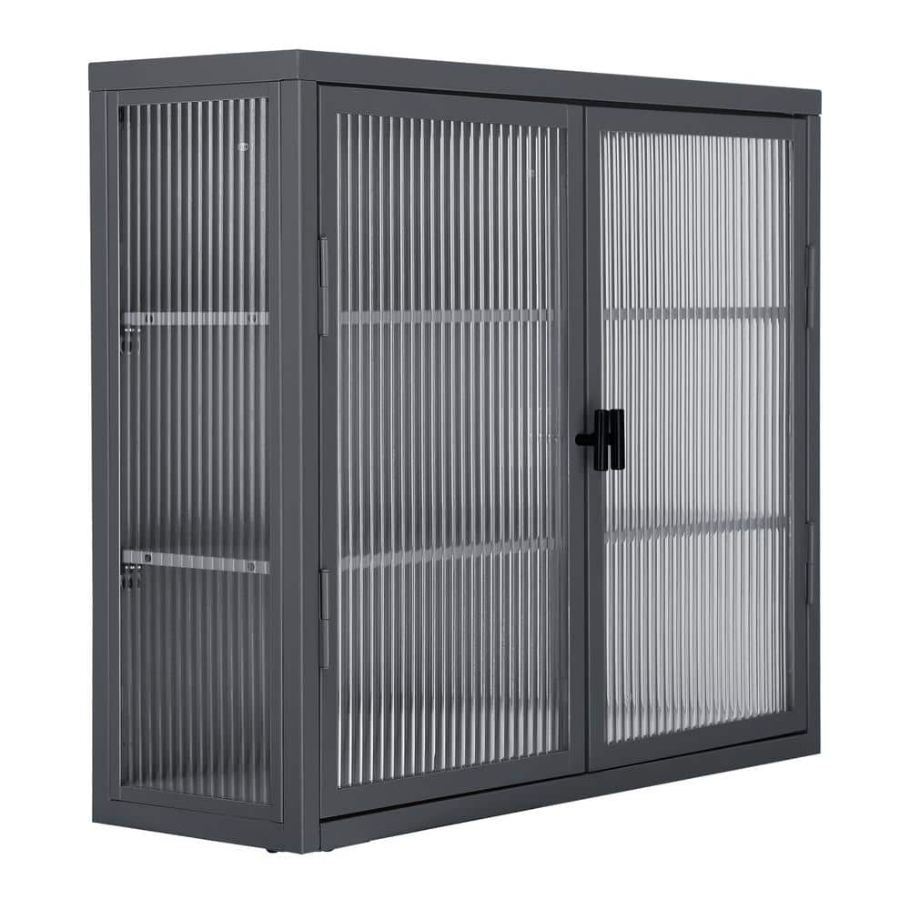 Gray Double Glass Door Pantry Organizer with Detachable Shelves