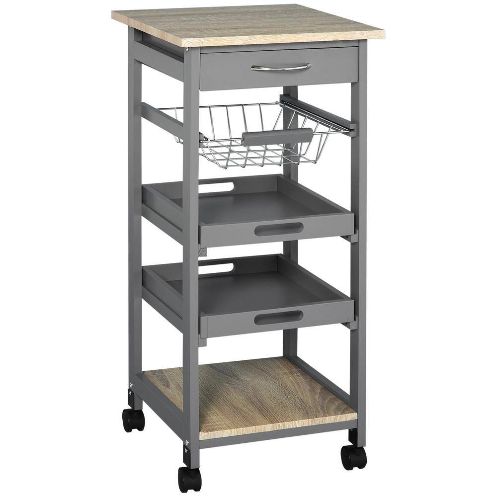 Gray Mobile Rolling Kitchen Island Trolley Serving Cart with Underneath Drawer and Slide-Out Wire Storage Basket