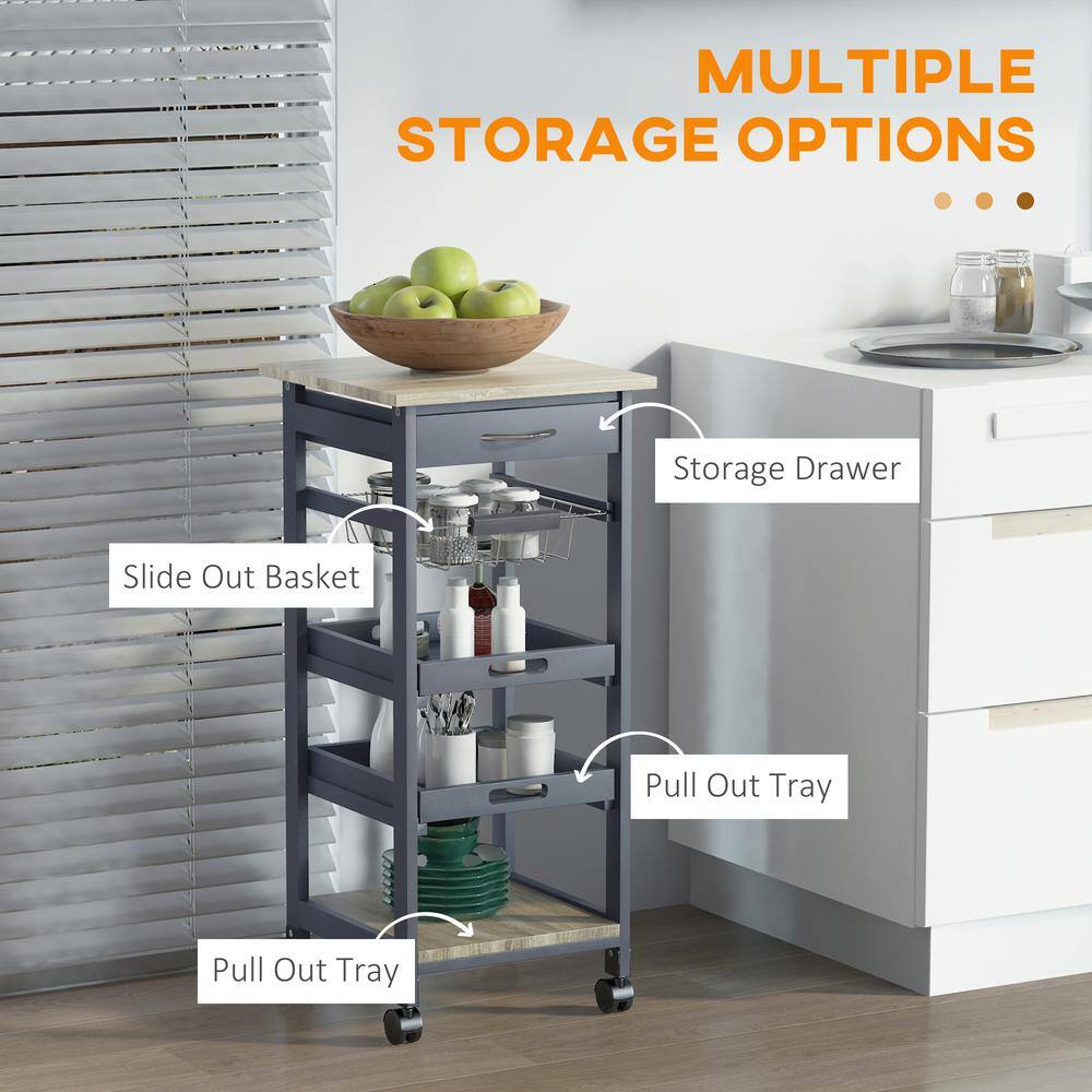 Gray Mobile Rolling Kitchen Island Trolley Serving Cart with Underneath Drawer and Slide-Out Wire Storage Basket