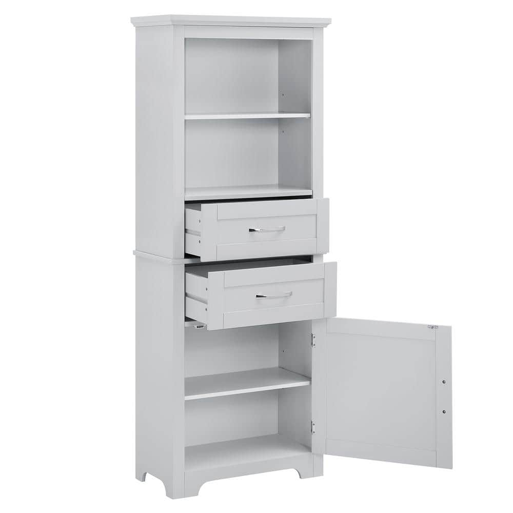 Gray Wood Storage Cupboard with 2 Drawers and Adjustable Shelf for Kitchen Bathroom Living Room