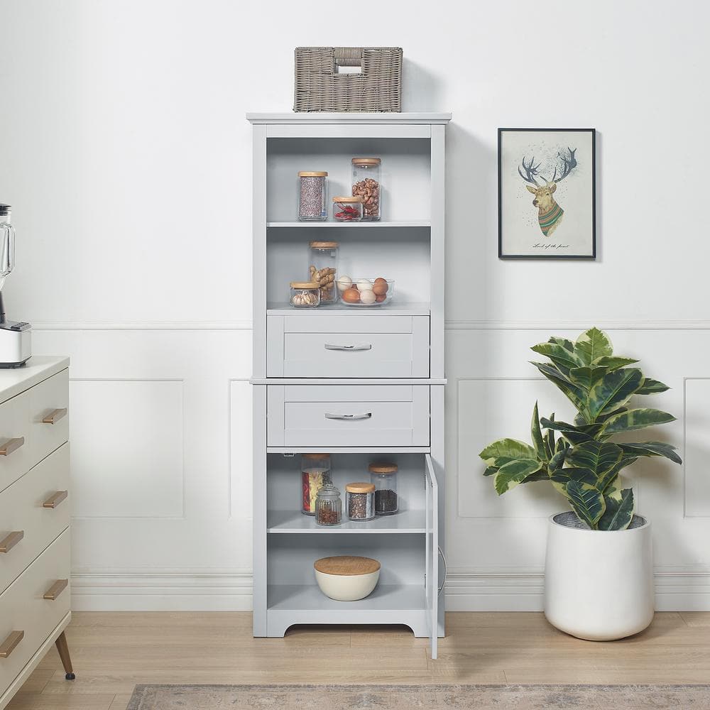 Gray Wood Storage Cupboard with 2 Drawers and Adjustable Shelf for Kitchen Bathroom Living Room