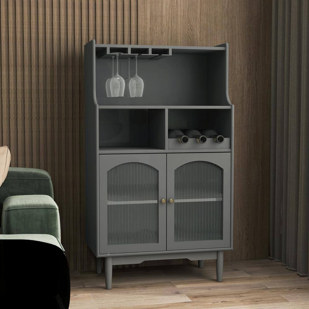 Grey color wine cabinet with removable rack and wine glass rack, one cabinet with glass doors