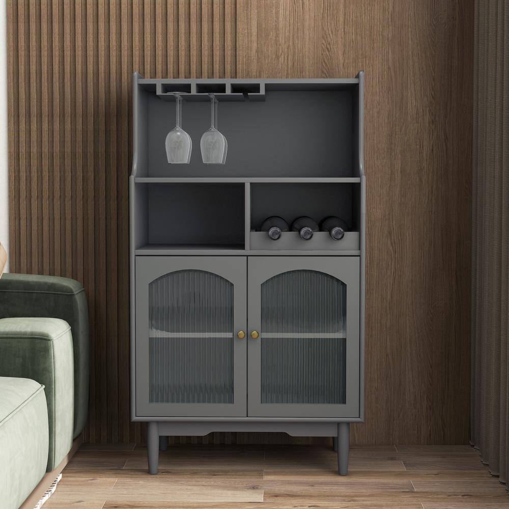 Grey color wine cabinet with removable rack and wine glass rack, one cabinet with glass doors