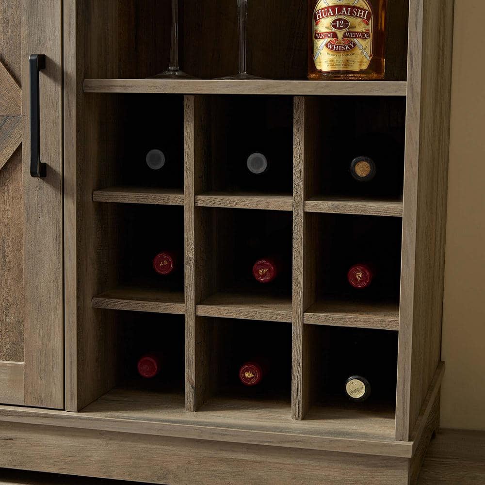 31.5 in. Wood Pantry Organizer with Wine Rack and Barn Door in Gray Wash