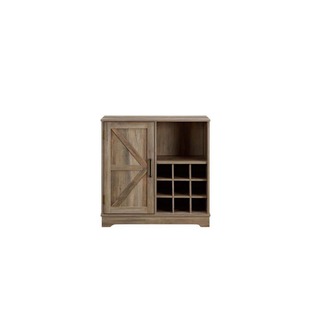 31.5 in. Wood Pantry Organizer with Wine Rack and Barn Door in Gray Wash