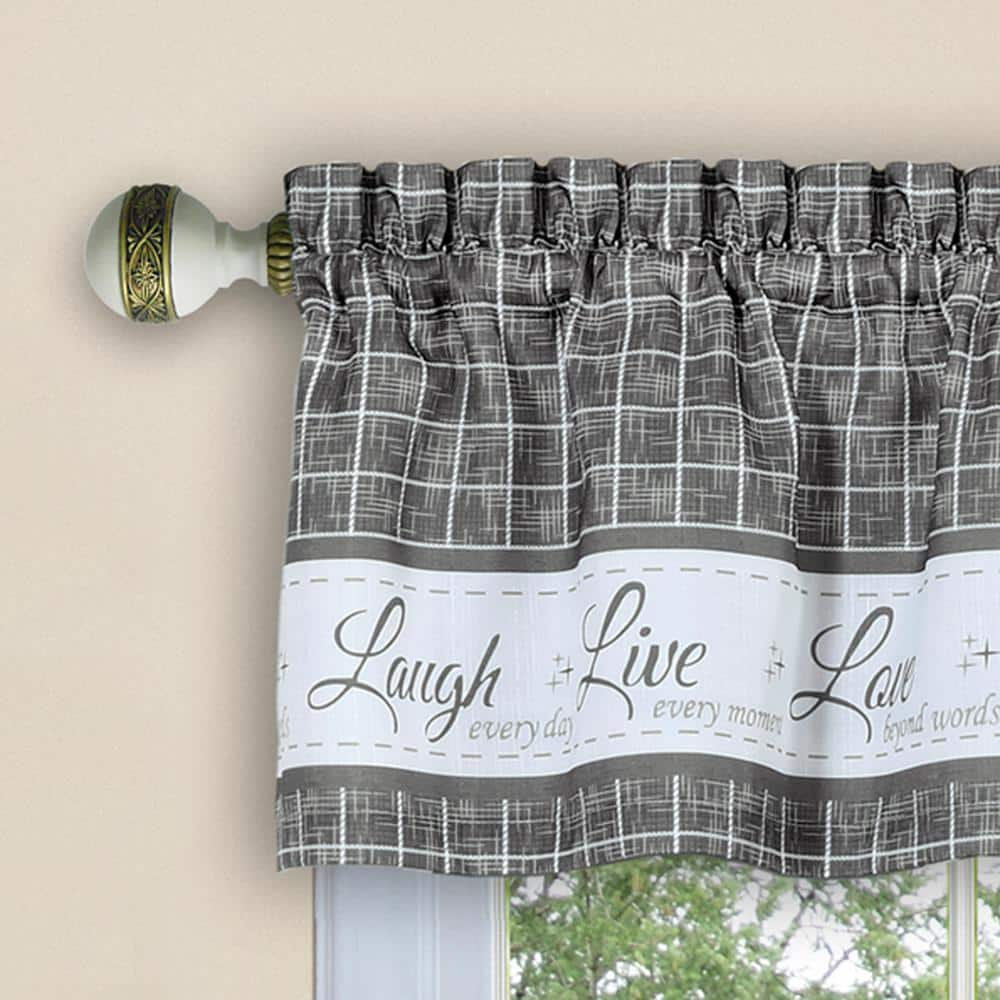 Live, Love, Laugh Grey Polyester Light Filtering Rod Pocket Tier and Valance Curtain Set 58 in. W x 36 in. L