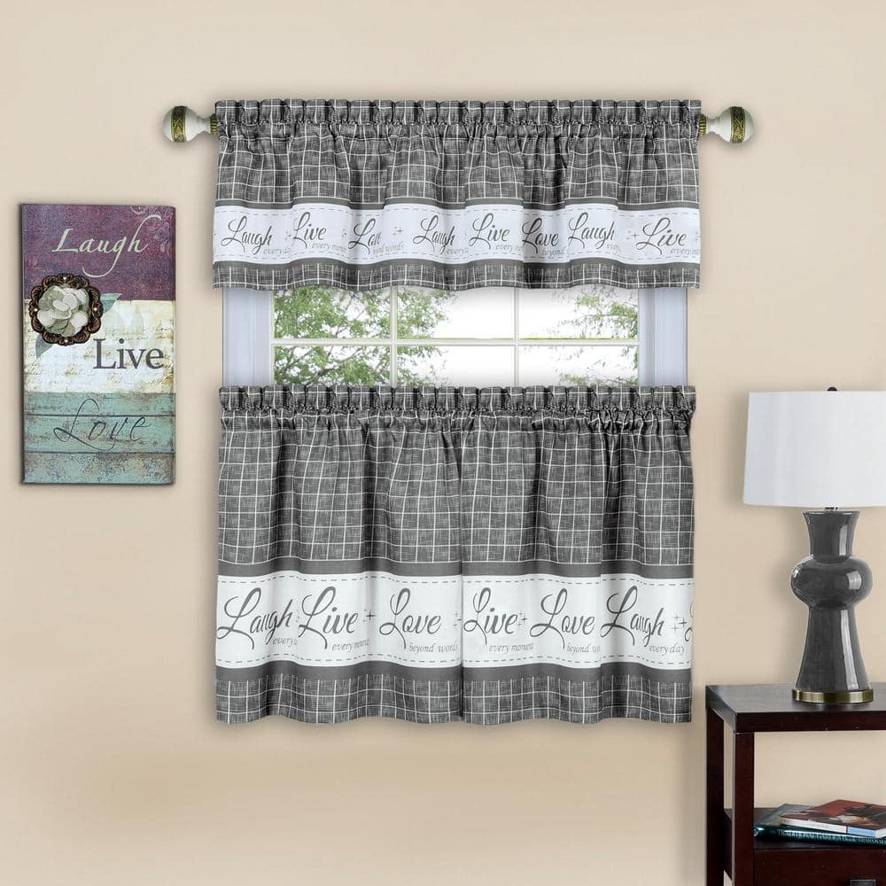 Live, Love, Laugh Grey Polyester Light Filtering Rod Pocket Tier and Valance Curtain Set 58 in. W x 36 in. L