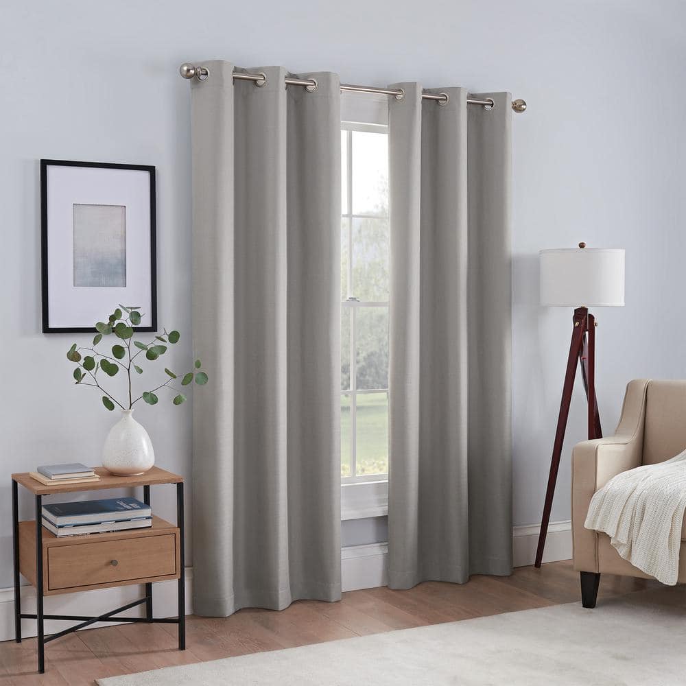 Kylie Thermaback Grey Solid Polyester 37 in. W x 95 in. L 100% Blackout Pair Grommet Top Curtain Panel