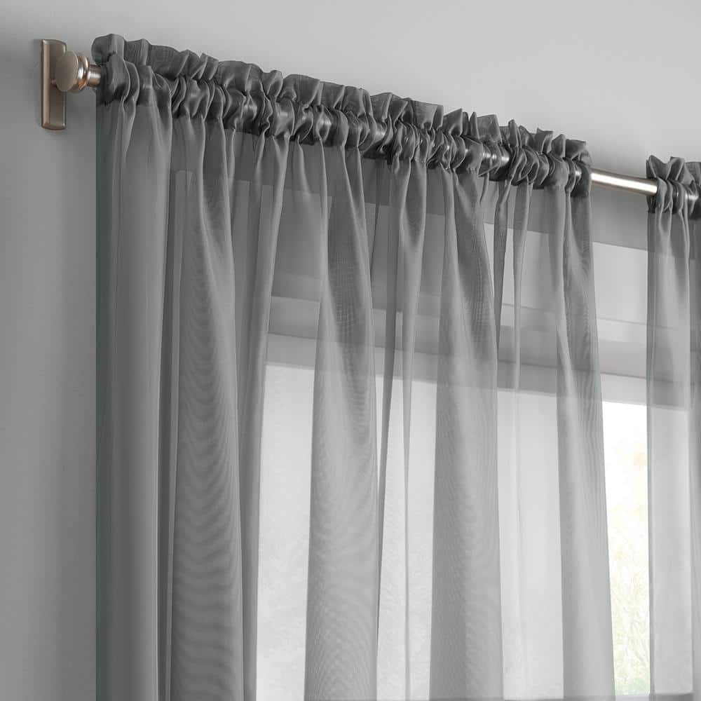 Livia Grey Solid Polyester 59 in. W x 63 in. L Sheer Rod Pocket Curtain