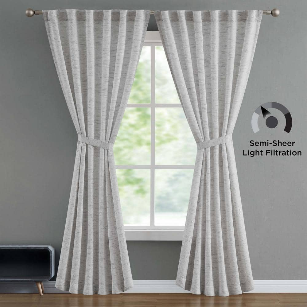 Misty Grey Faux Linen Light Filtering 52 in. x 96 in. Back-Tab Tiebacks Curtain (2 Panels and 2 Tiebacks)