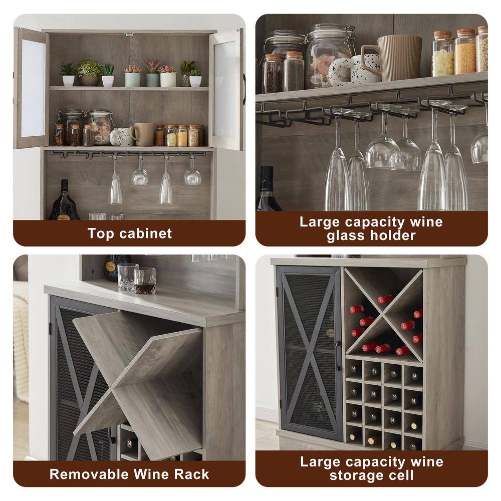 Gray Large Capacity Kitchen Sideboard Storage Cabinet With Wine Rack And Glass Holder, Adjustable Shelf