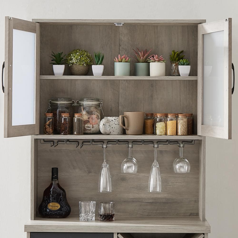 Gray Large Capacity Kitchen Sideboard Storage Cabinet With Wine Rack And Glass Holder, Adjustable Shelf