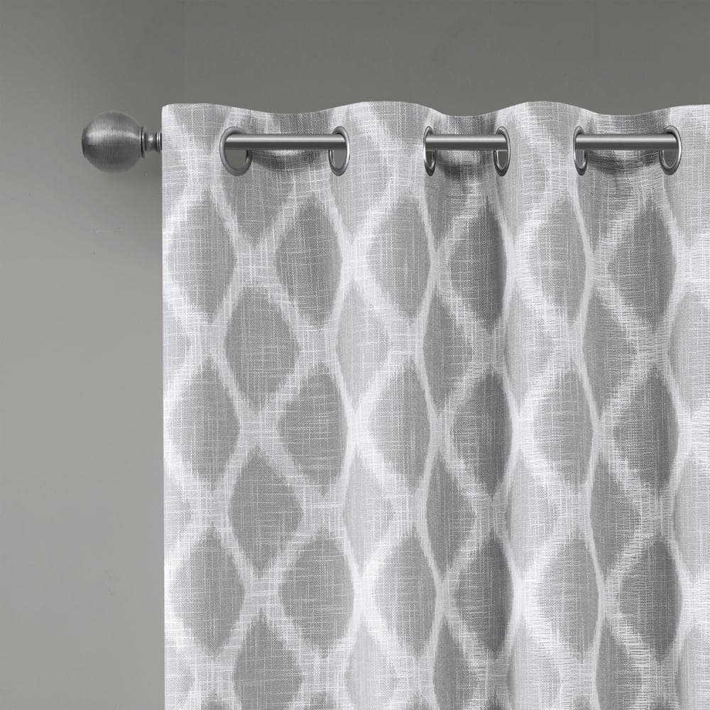 Kagen Grey Printed Ikat Patio 50 in. W x 95 in. L Blackout Grommet Top Curtain