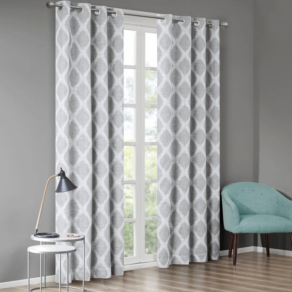 Kagen Grey Printed Ikat Patio 50 in. W x 95 in. L Blackout Grommet Top Curtain