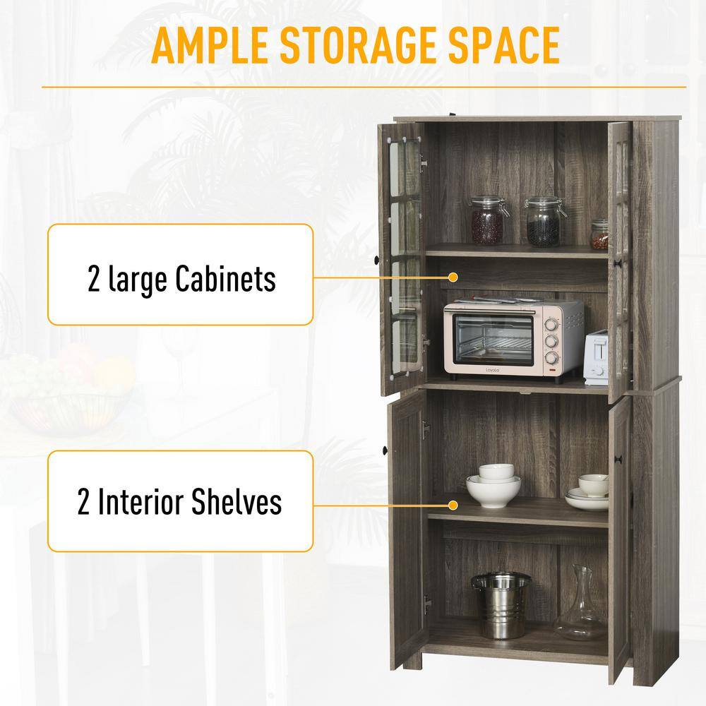 4-Shelf Grey Wood Grain Kitchen Pantry Cabinet with Framed Glass Doors