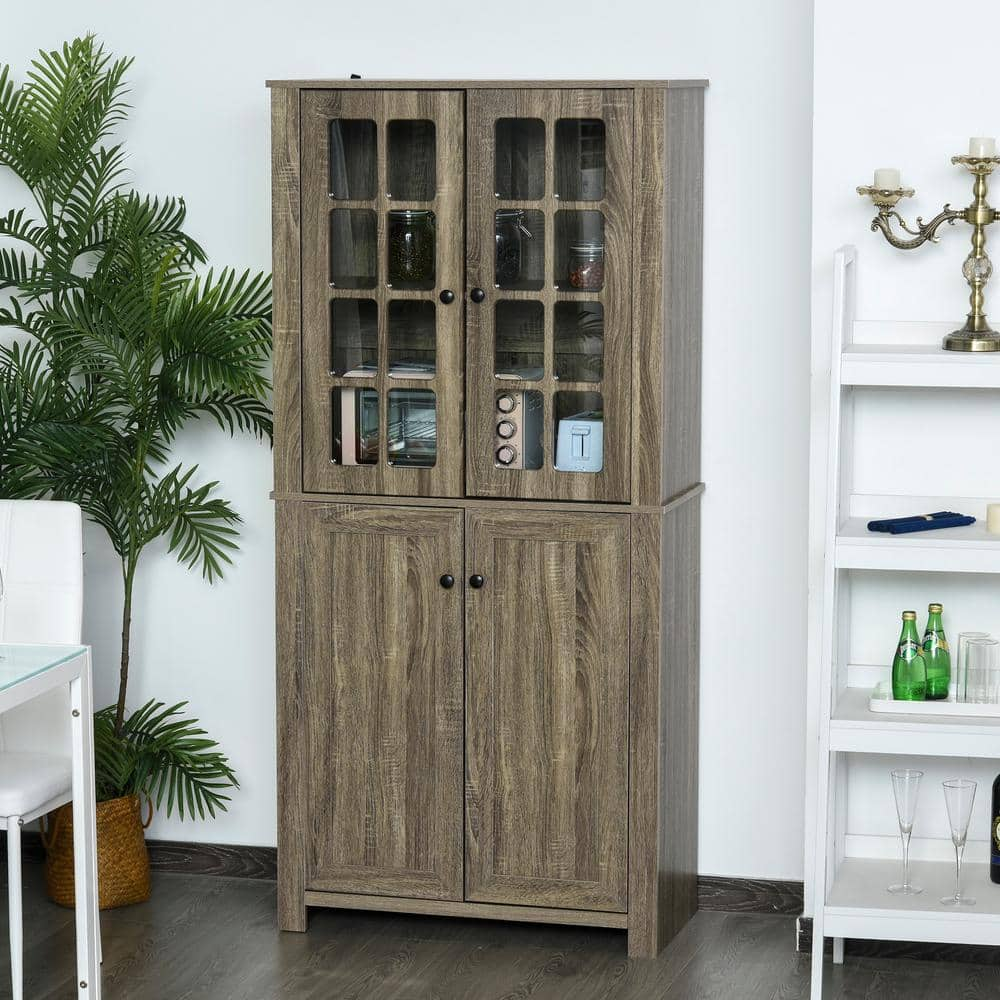 4-Shelf Grey Wood Grain Kitchen Pantry Cabinet with Framed Glass Doors