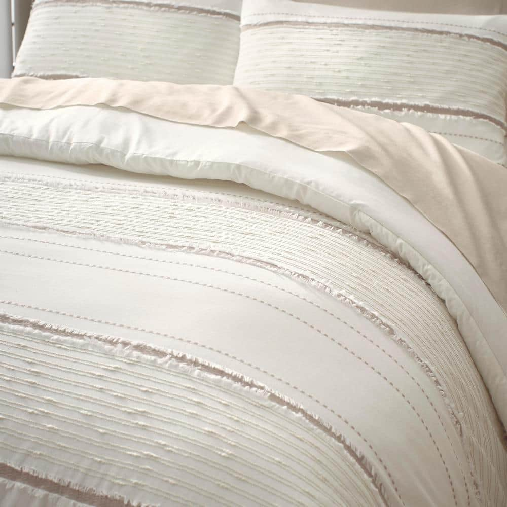 Sonata 3-Piece Natural Ivory Cream Textured Stripe Cotton King Comforter Set