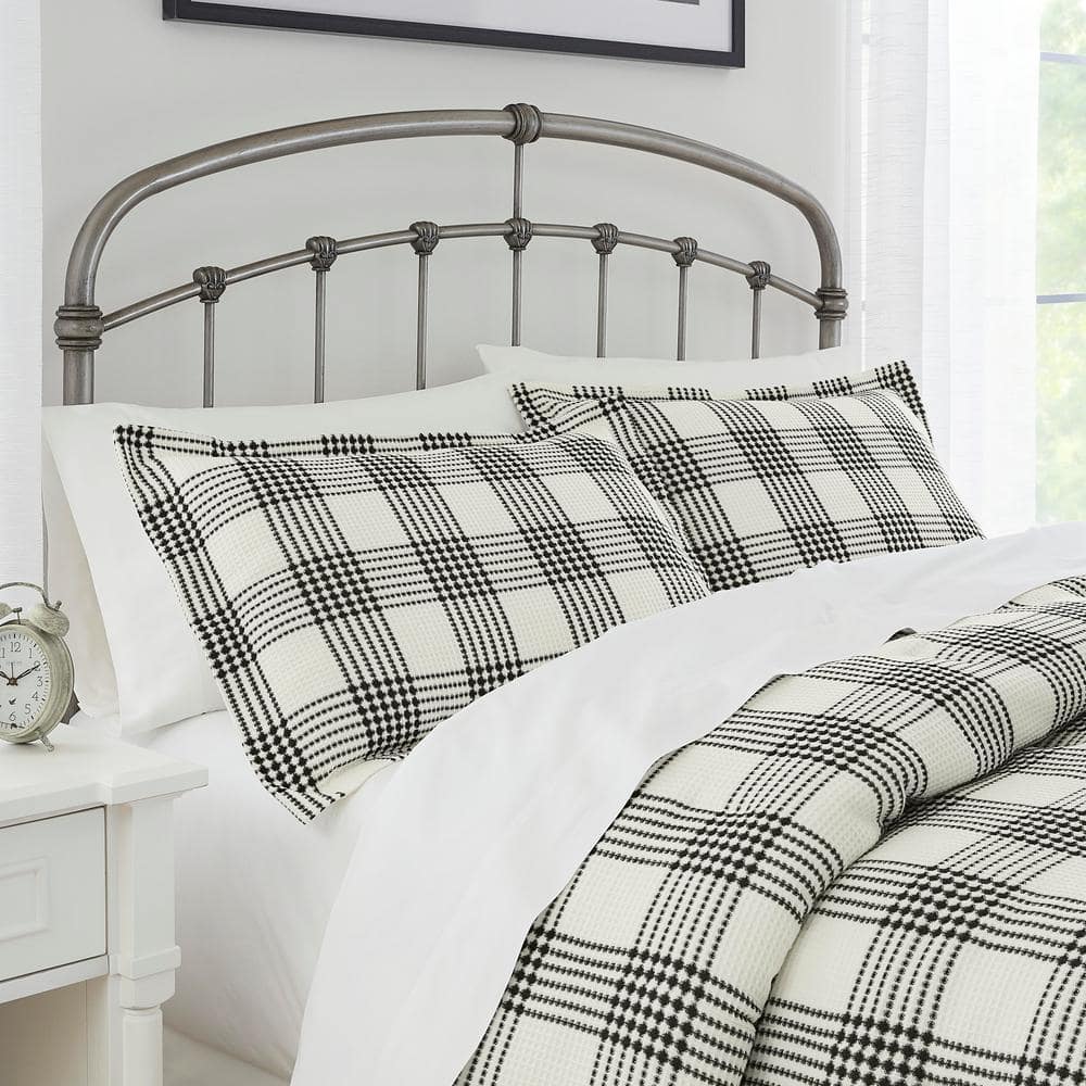 Adderley 3-Piece Black and White Plaid Waffle Weave  Full/Queen Comforter Set