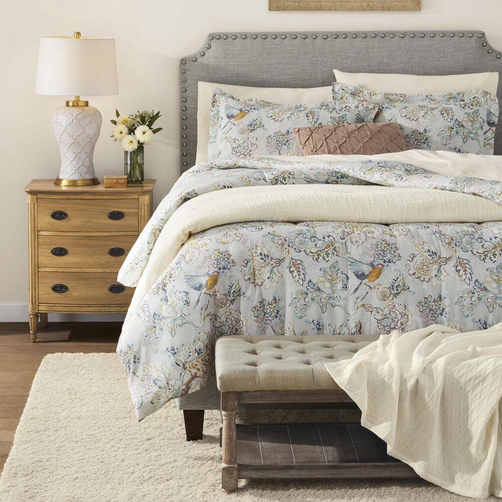 Lorna 3-Piece Watercolor Bird Floral Full/Queen Comforter Set