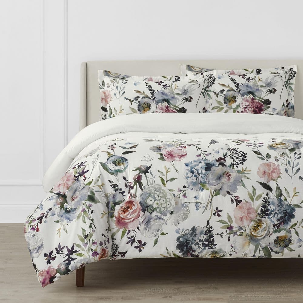 Flora 3-Piece Multi-Color Watercolor Floral Cotton King Comforter Set